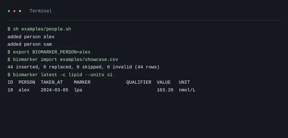 Terminal demo for biomarker-cli