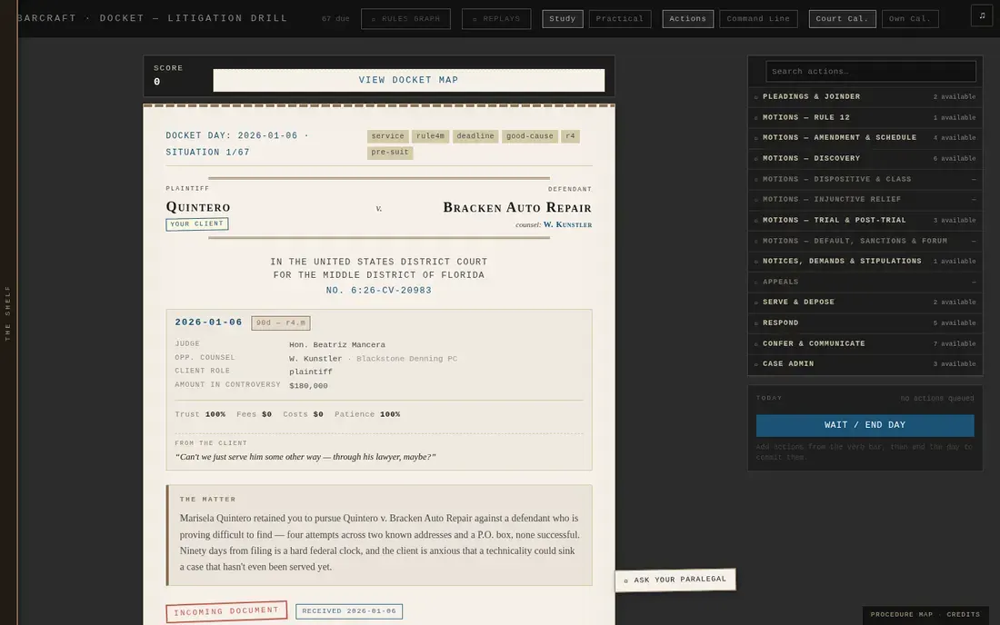 Screenshot of Civ Pro: The Gathering — Papers, Please for the Federal Rules of Civil Procedure — drill litigation situations, get sanctioned by rule and subsection when you blow one.