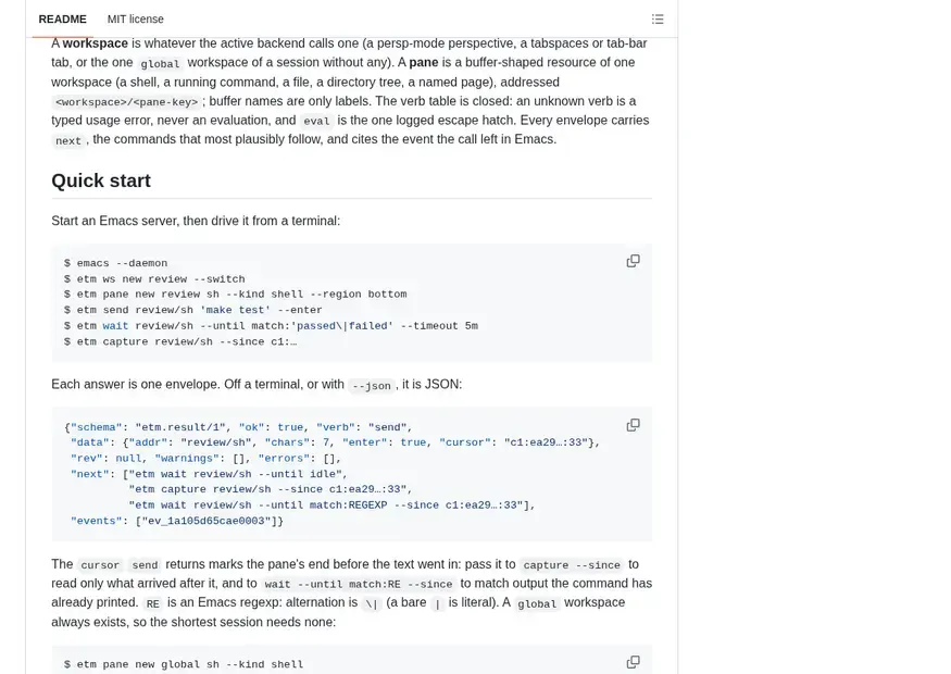 Screenshot of etm — Drive a running Emacs from outside: workspaces, panes and terminals as JSON verbs (ntm/tmux robot mode, for Emacs)