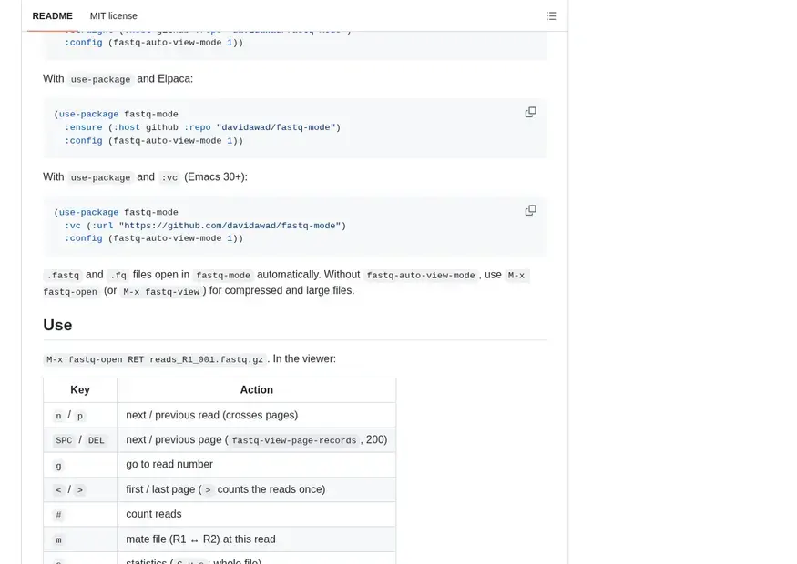 Screenshot of fastq-mode — Fast FASTQ viewer for Emacs: streaming .fastq.gz, base and quality coloring, Phred at point, stats