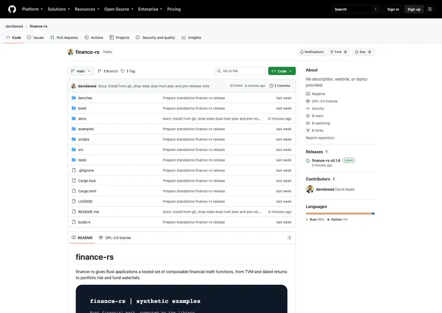 Screenshot of finance-rs — Composable financial math for Rust: TVM, XIRR/XNPV, day counts, amortization, portfolio metrics, real estate, venture and fund waterfalls, fixed income.