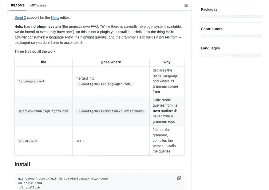 Screenshot of helix-bend — Bend 2 support for the Helix editor: language entry, highlight queries, and an install script (Helix has no plugin system)