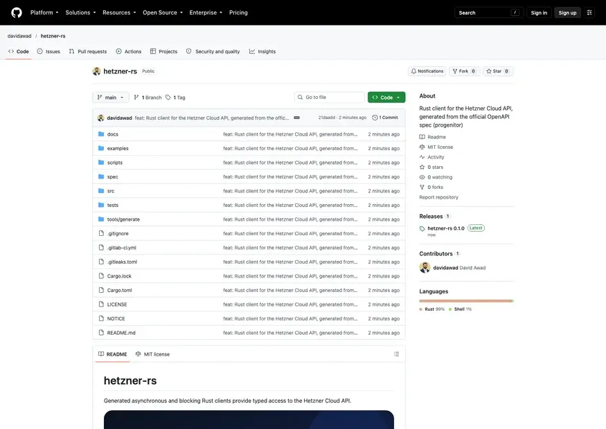 Screenshot of hetzner-rs — Rust client for the Hetzner Cloud API, generated from the official OpenAPI spec, with a blocking shim, idempotent-only retry and secret redaction.