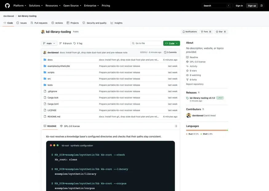 Screenshot of kd-library-tooling — kb-root: resolves a knowledge base's configured directories and checks their paths stay consistent.