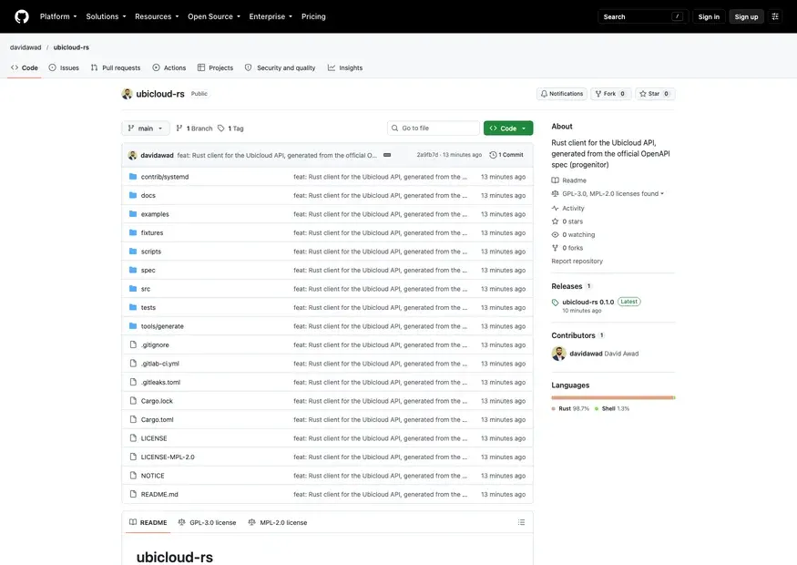 Screenshot of ubicloud-rs — Rust client for the Ubicloud API, generated from the official OpenAPI spec with a blocking shim, retry backoff and secret redaction.