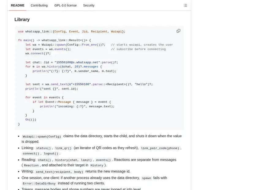 Screenshot of whatsapp-link-rs — Link a WhatsApp account and read and send messages from Rust, by driving wuzapi over stdio JSON-RPC