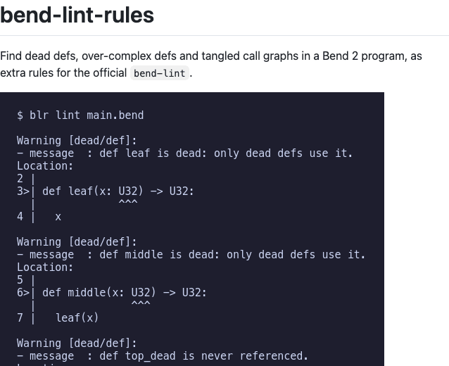 Screenshot of bend-lint-rules — Lint rules for Bend 2 programs: dead defs, call-graph fan-in and fan-out, and cyclomatic and cognitive complexity, for the official bend-lint.