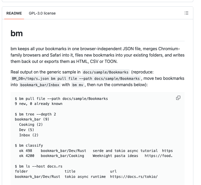Screenshot of bm — Browser-independent bookmark store in Bend 2: pulls and merges bookmarks from any browser, keeps folders, classifies new ones, exports csv, json, toon and html.