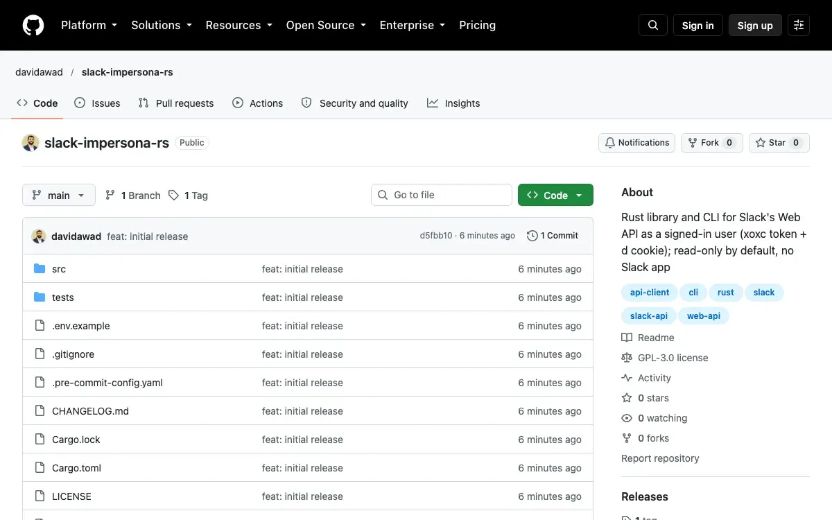 Screenshot of slack-impersona — Rust client and CLI for Slack's Web API that authenticates with a browser session's token and cookie instead of a registered Slack app.