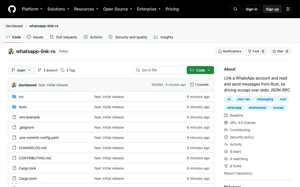 Screenshot of whatsapp-link — Rust library and CLI that links a WhatsApp account and reads and sends messages by driving wuzapi over stdio JSON-RPC.